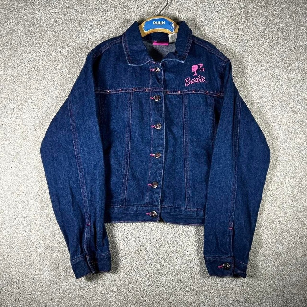 Vintage 2002 girl's Barbie denim pink rhinestone shirt jacket Size 10/12